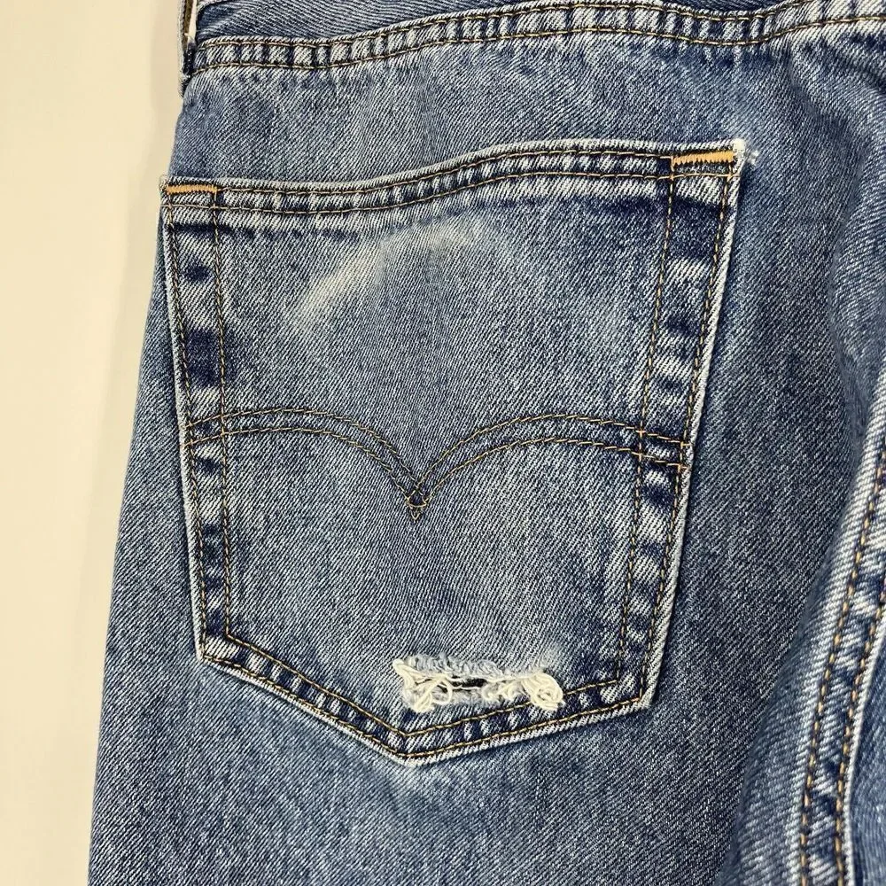 Levis 505 Jeans 36x32 Mens Faded Blue Distressed Denim Straight Leg Cotton